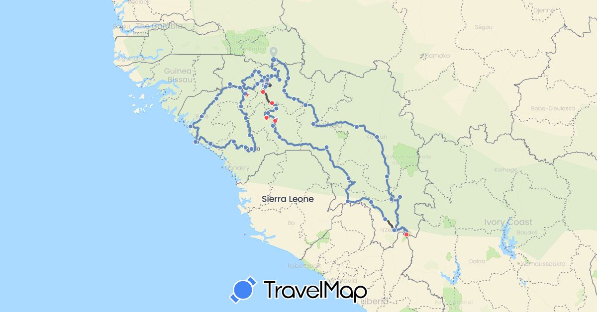 TravelMap itinerary: cycling, hiking, motorbike in Guinea, Senegal (Africa)