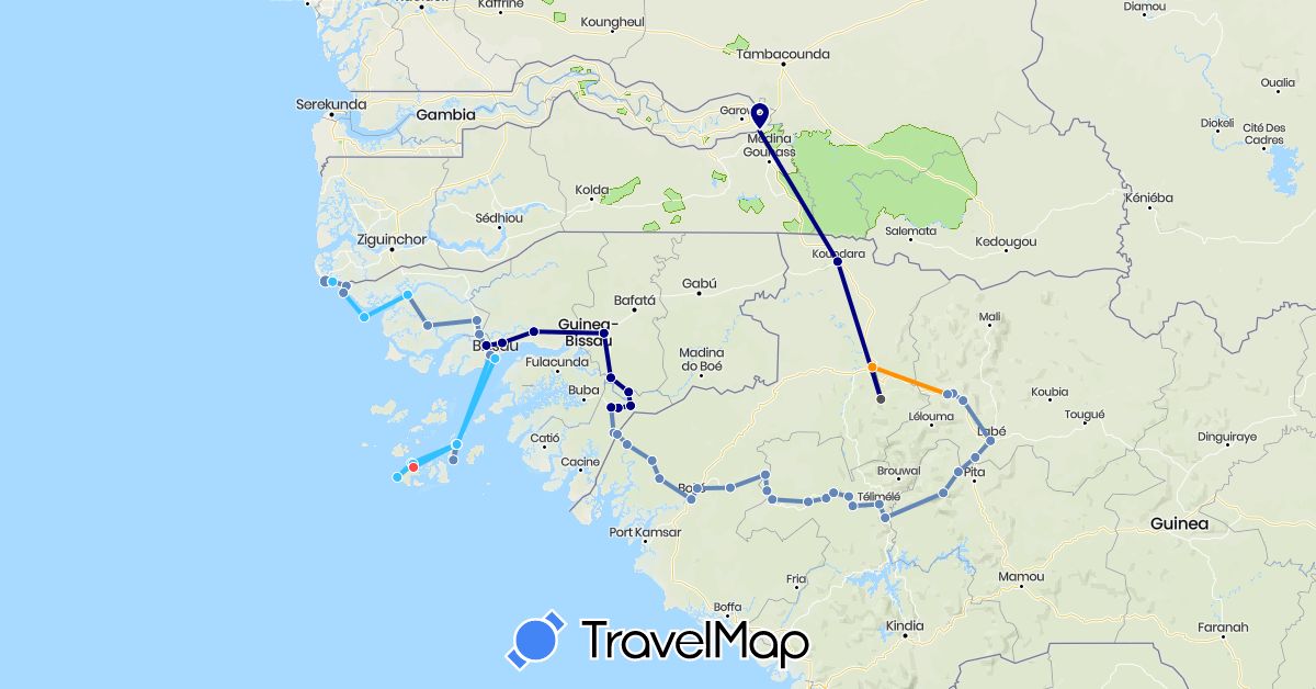 TravelMap itinerary: driving, cycling, hiking, boat, hitchhiking, motorbike in Guinea, Guinea-Bissau, Senegal (Africa)