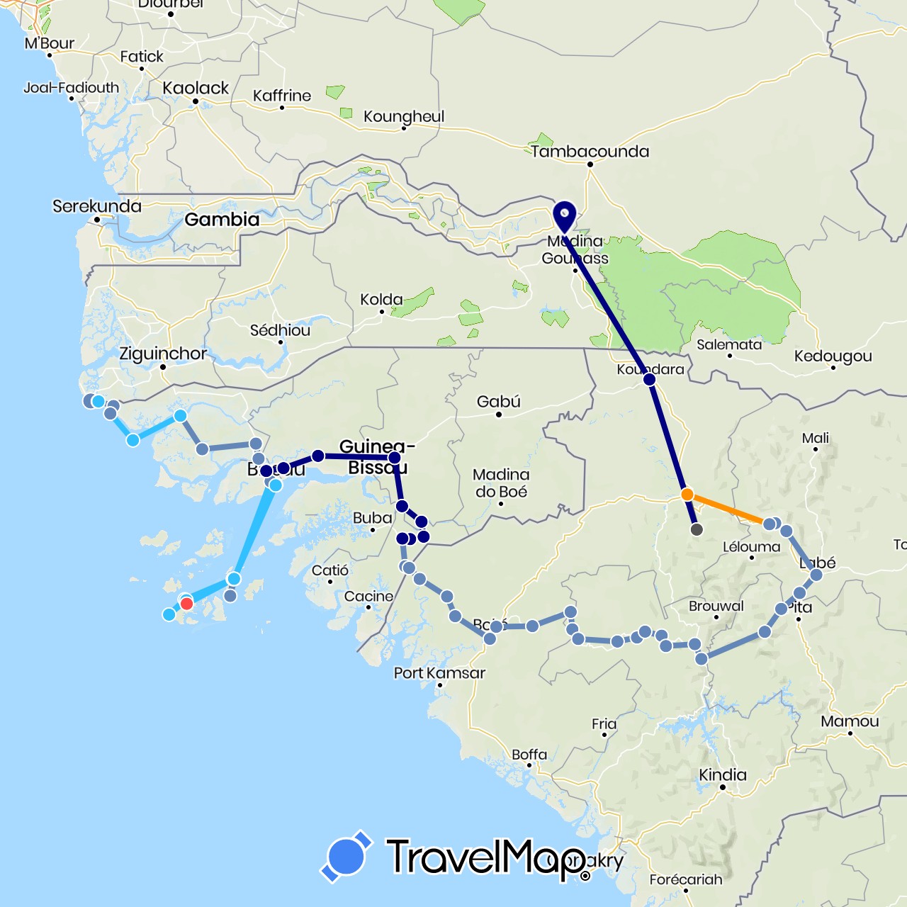 TravelMap itinerary: driving, cycling, hiking, boat, hitchhiking, motorbike in Guinea, Guinea-Bissau, Senegal (Africa)