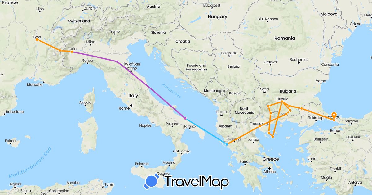 TravelMap itinerary: driving, train, boat, hitchhiking in Bulgaria, France, Greece, Italy, Turkey (Asia, Europe)