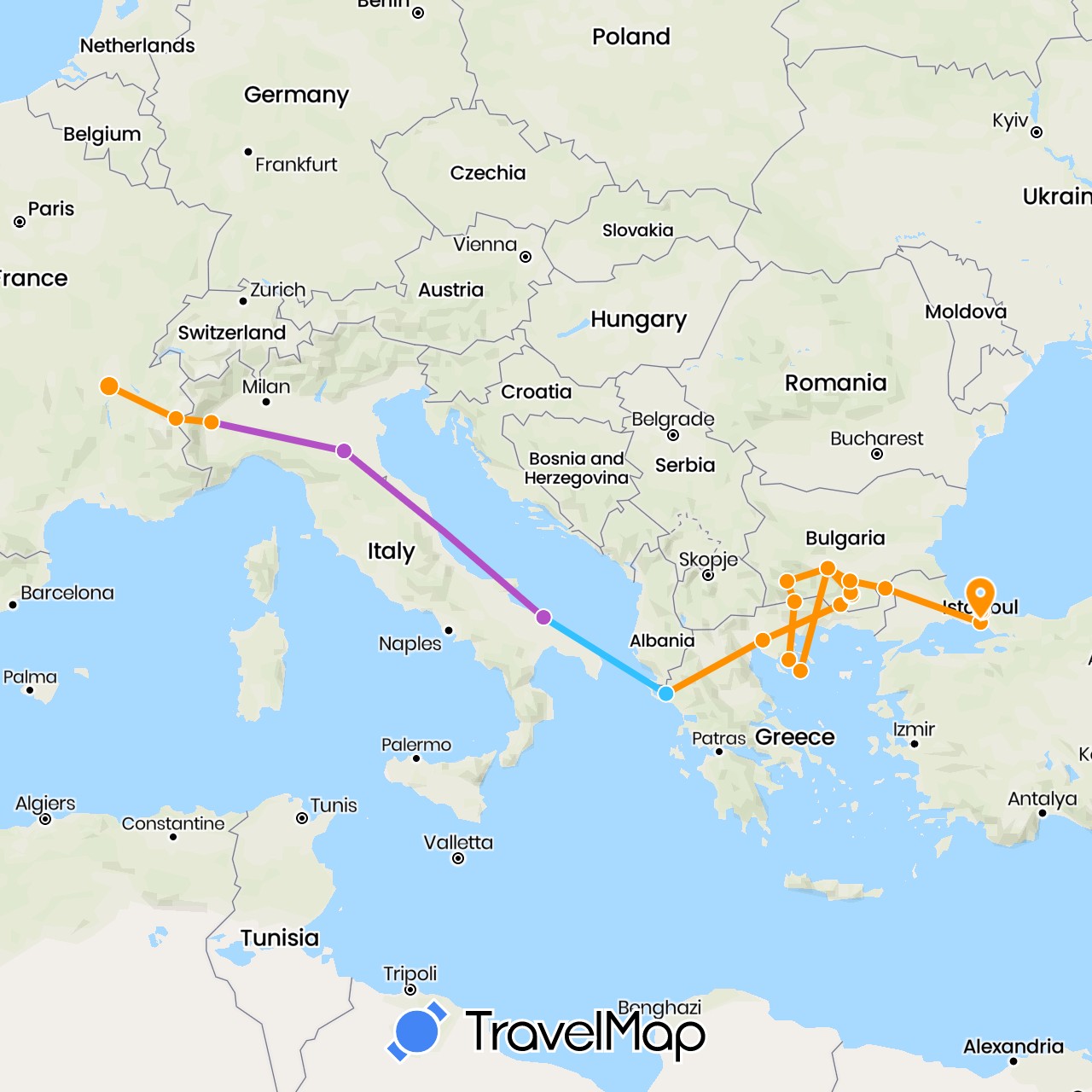 TravelMap itinerary: driving, train, boat, hitchhiking in Bulgaria, France, Greece, Italy, Turkey (Asia, Europe)